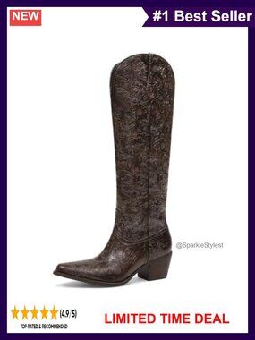 Women's Cowboy Boots Knee-High Western Floral Embossed Chunky Block Heel